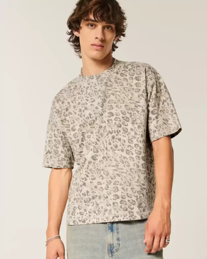 Boxy Crop Heavyweight Leopard Print Crew T-paita