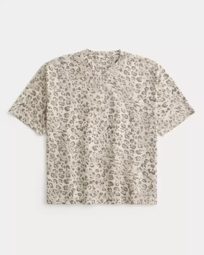 Boxy Crop Heavyweight Leopard Print Crew T-paita