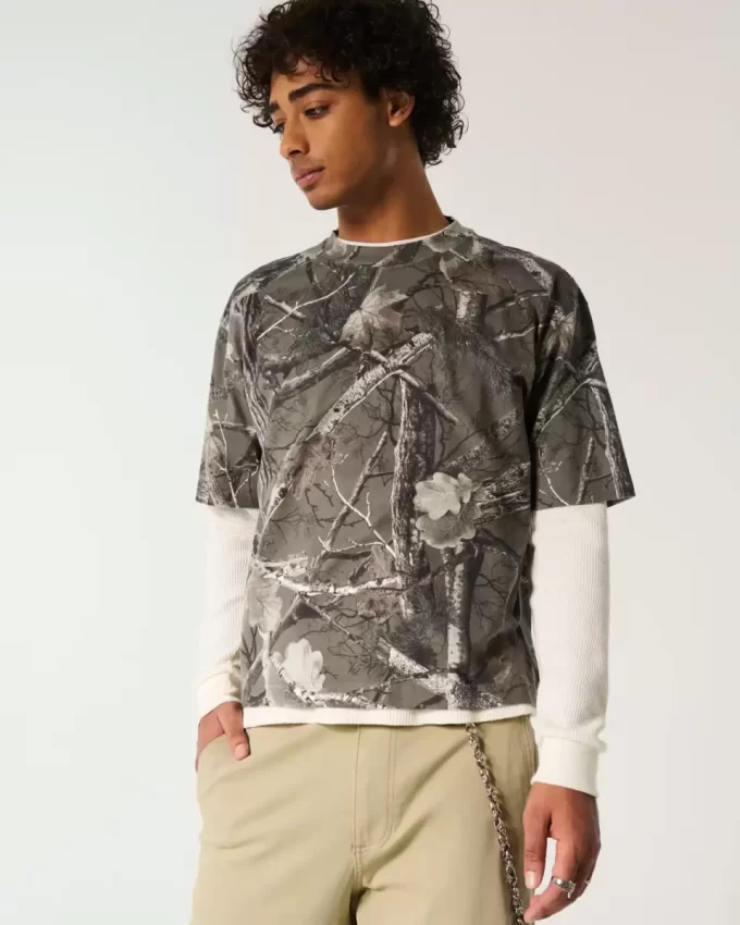 Boxy Heavyweight Crop Camo Crew T-paita