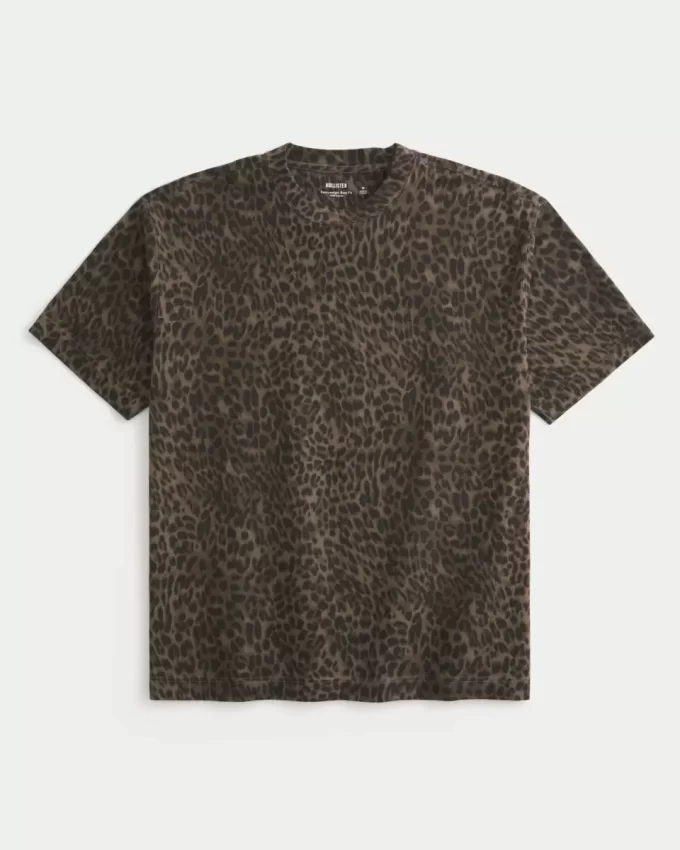 Boxy Heavyweight Leopard Print Cotton Crew T-paita