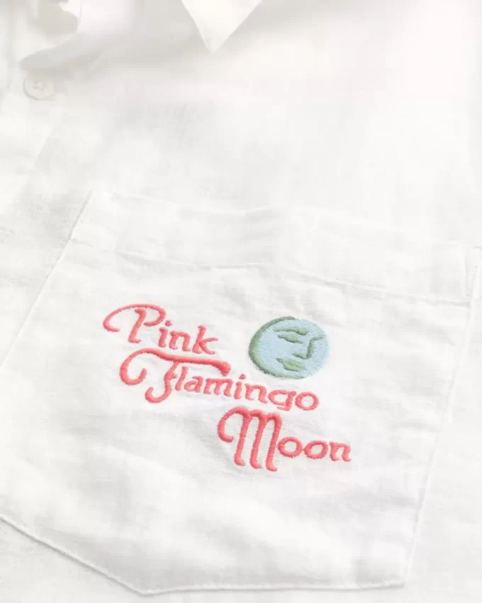 Boxy Linen-Blend Lyhythihainen vaaleanpunainen Flamingo Moon Graafinen paita