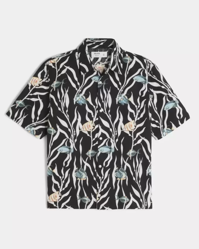 Boxy Tropical Fish Pattern pellavasekoituspaita Boxy Tropical Fish Pattern pellavasekoituspaita