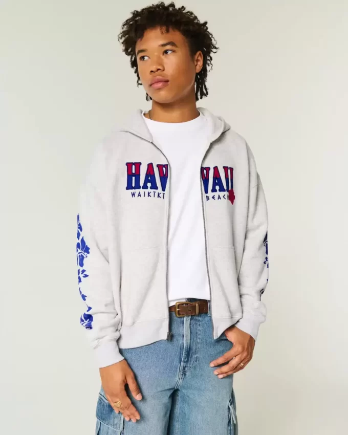 Boxy Zip-Up Hawaii Graphic -huppari