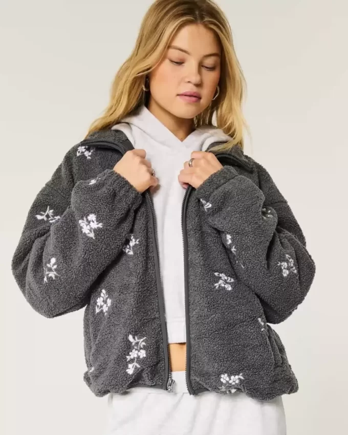 Brodeerattu Sherpa Fleece -takki Brodeerattu Sherpa Fleece -takki