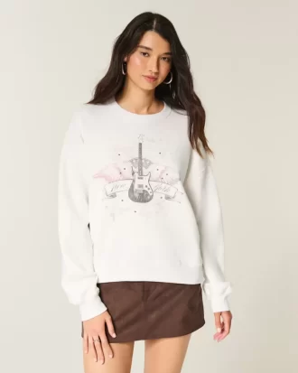 Easy New York Guitar Studded Graphic Crew collegepaita