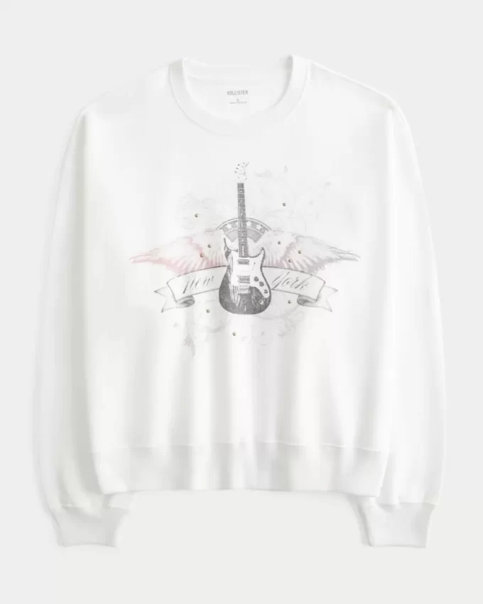 Easy New York Guitar Studded Graphic Crew collegepaita Easy New York Guitar Studded Graphic Crew collegepaita