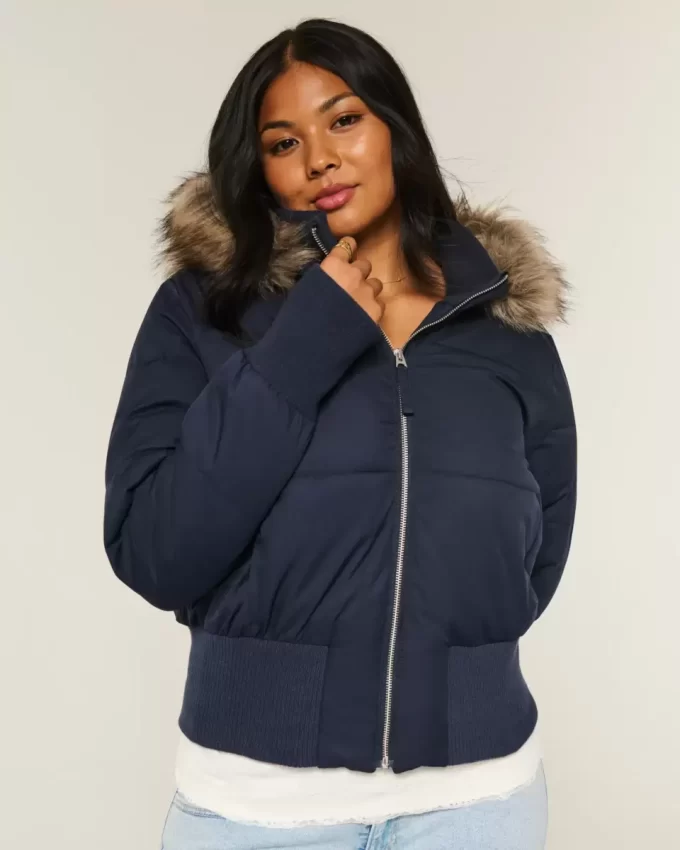 Faux Fur Trim Puffer Bomber -takki