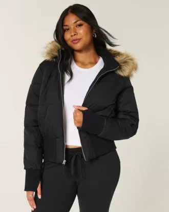 Faux Fur Trim Puffer Bomber -takki