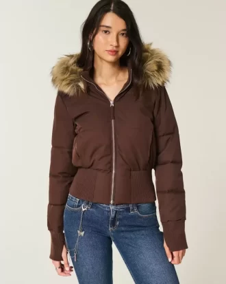 Faux Fur Trim Puffer Bomber -takki