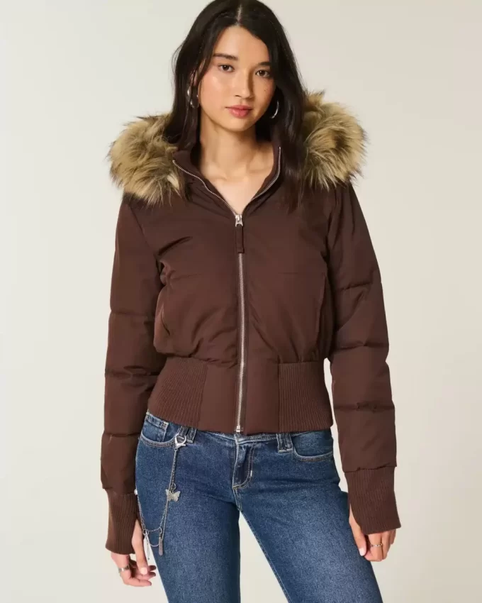 Faux Fur Trim Puffer Bomber -takki