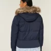 Faux Fur Trim Puffer Bomber -takki