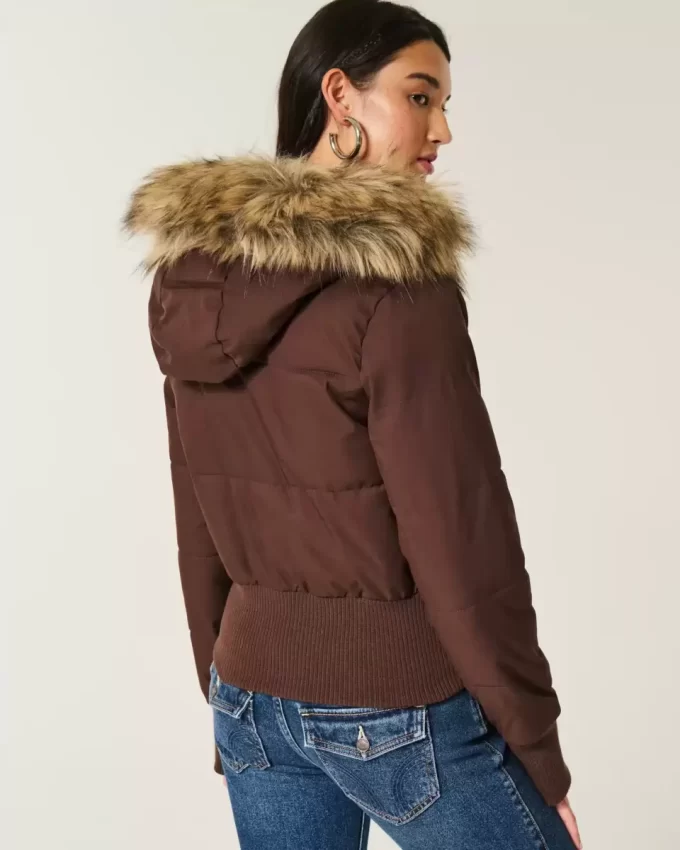 Faux Fur Trim Puffer Bomber -takki