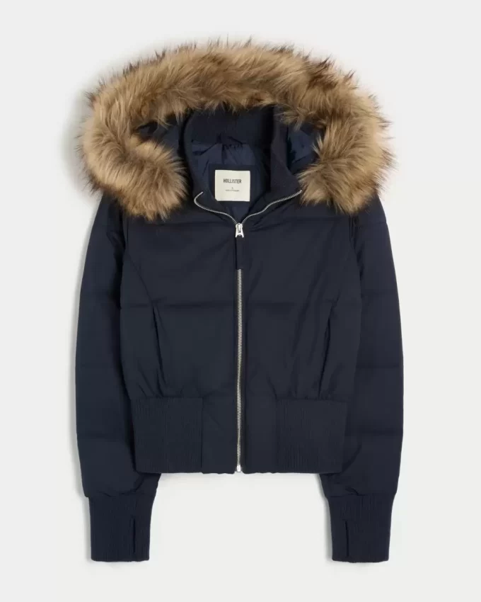 Faux Fur Trim Puffer Bomber -takki