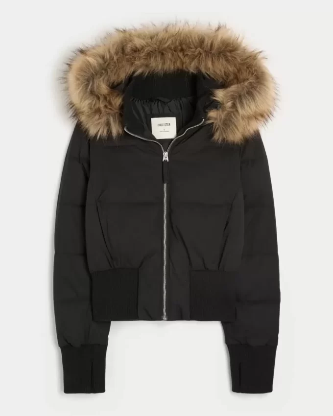 Faux Fur Trim Puffer Bomber -takki