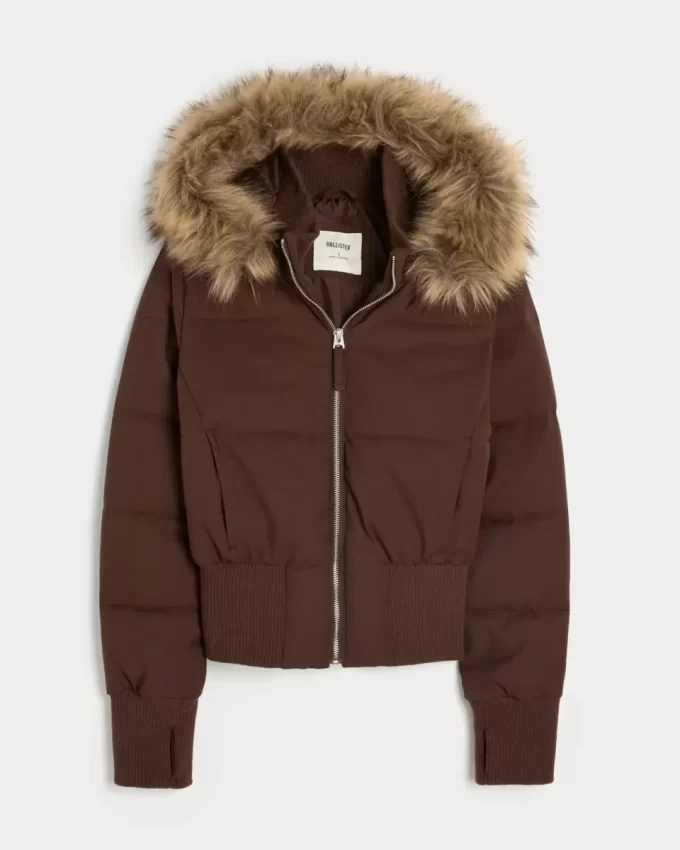 Faux Fur Trim Puffer Bomber -takki