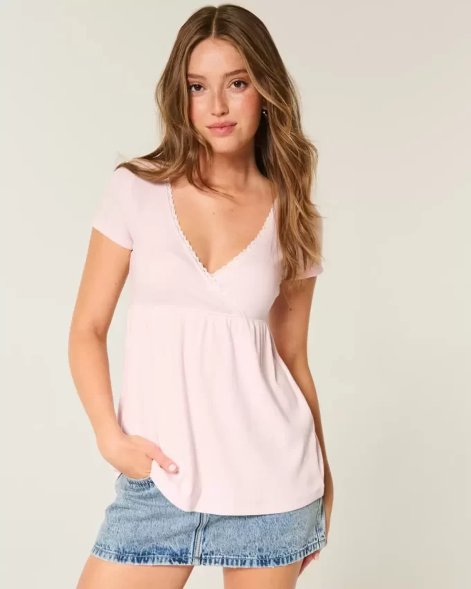 Helppo lyhythihainen pitsikoristelu Babydoll-toppi Helppo lyhythihainen pitsikoristelu Babydoll-toppi