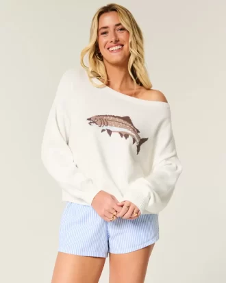 Helppo off-the-Shoulder Fish Graphic -villapaita