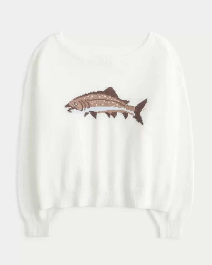 Helppo off-the-Shoulder Fish Graphic -villapaita Helppo off-the-Shoulder Fish Graphic -villapaita