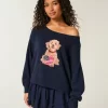 Helppo off-the-shoulder koiran graafinen villapaita Helppo off-the-shoulder koiran graafinen villapaita