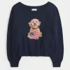 Helppo off-the-shoulder koiran graafinen villapaita Helppo off-the-shoulder koiran graafinen villapaita