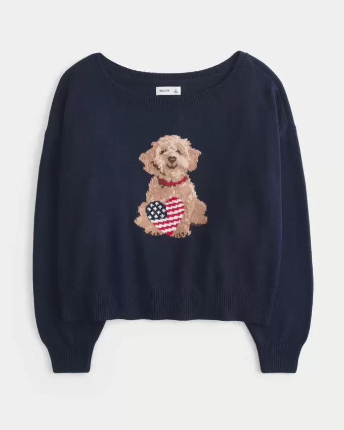 Helppo off-the-shoulder koiran graafinen villapaita Helppo off-the-shoulder koiran graafinen villapaita