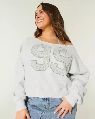 Helppo off-the-shoulder Number Graphic Crew collegepaita