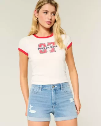 High-Rise repeytyneet Medium Light Wash Denim Shortie shortsit