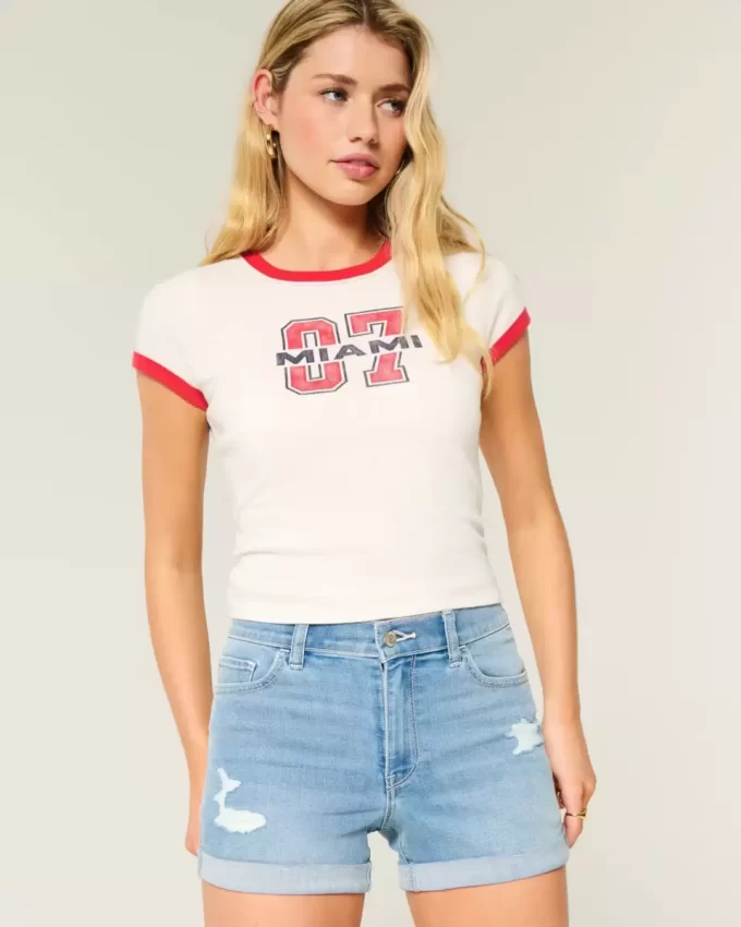 High-Rise repeytyneet Medium Light Wash Denim Shortie shortsit High-Rise repeytyneet Medium Light Wash Denim Shortie shortsit
