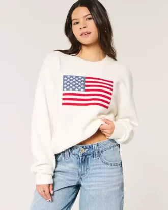 Hollister Comfy Cloud American Flag Graphic Crew -villapaita