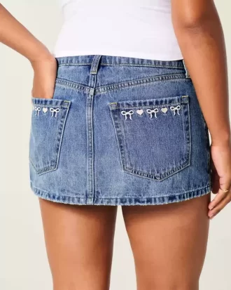 Kurvikas matalakorkoinen brodeerattu rusetti Denim Mini Skort