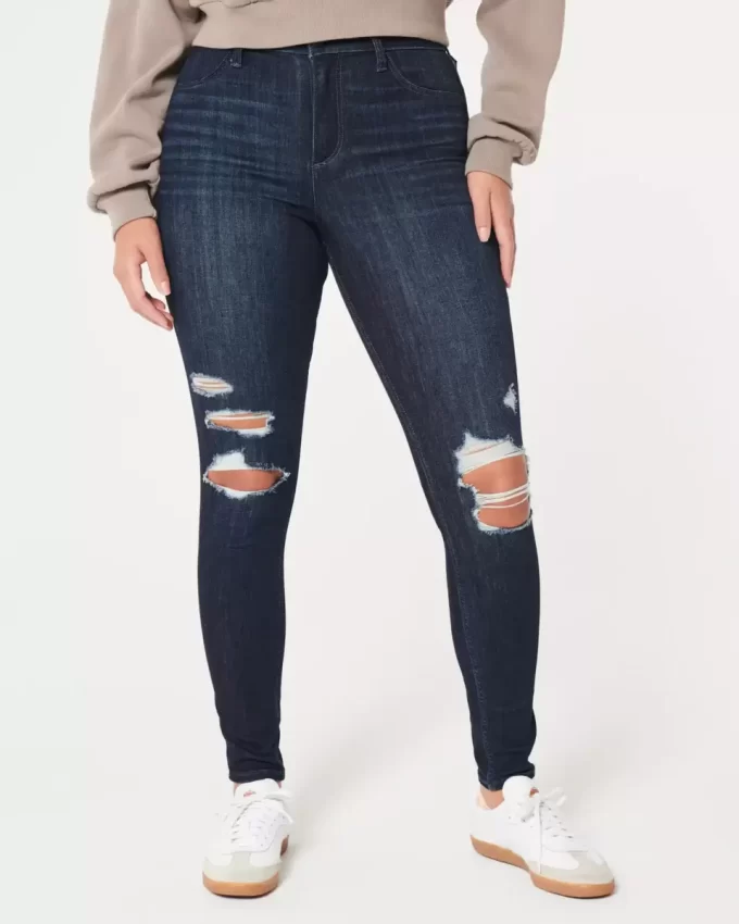 Kurvikkaat korkean kohoavat revityt tumma pesu Jean leggingsit Kurvikkaat korkean kohoavat revityt tumma pesu Jean leggingsit