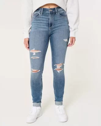 Kurvikkaat korkean nousun repeytyneet keskipesut Super Skinny -farkut