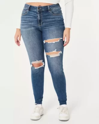 Kurvikkaat korkean nousun repeytyneet tummapesu Super Skinny -farkut