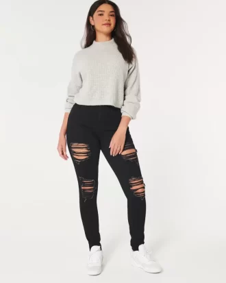 Kurvikkaat korkeat, revityt mustat Super Skinny -farkut