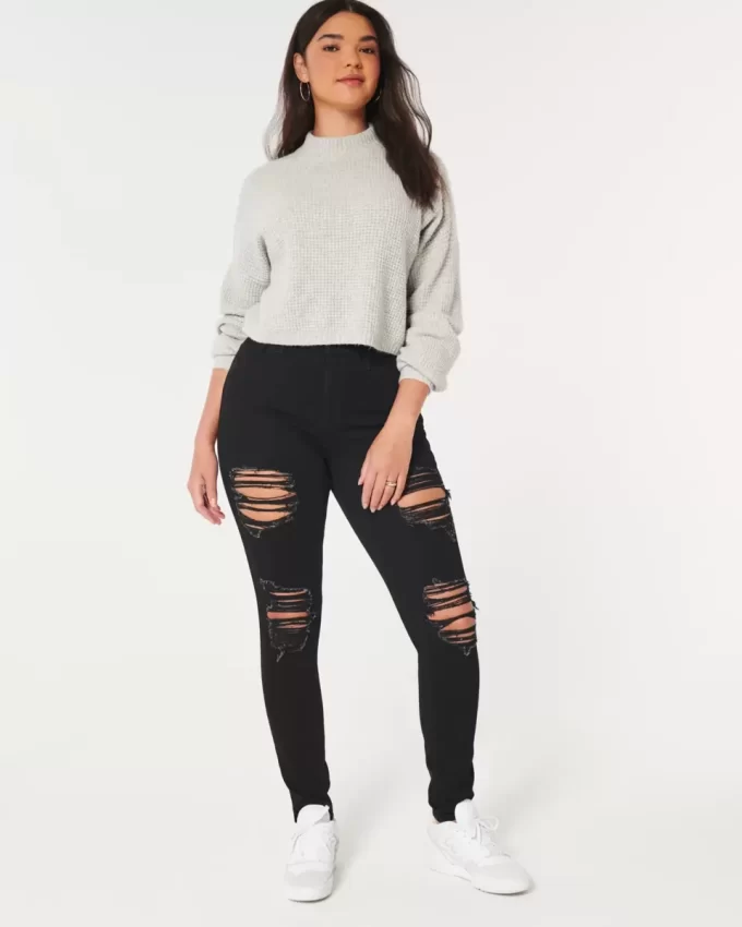 Kurvikkaat korkeat, revityt mustat Super Skinny -farkut Kurvikkaat korkeat, revityt mustat Super Skinny -farkut