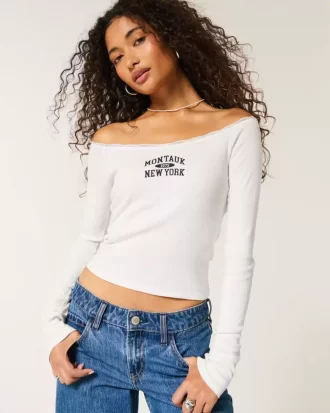 Lace Trim Off-the-Shoulder Montauk Graphic T-paita