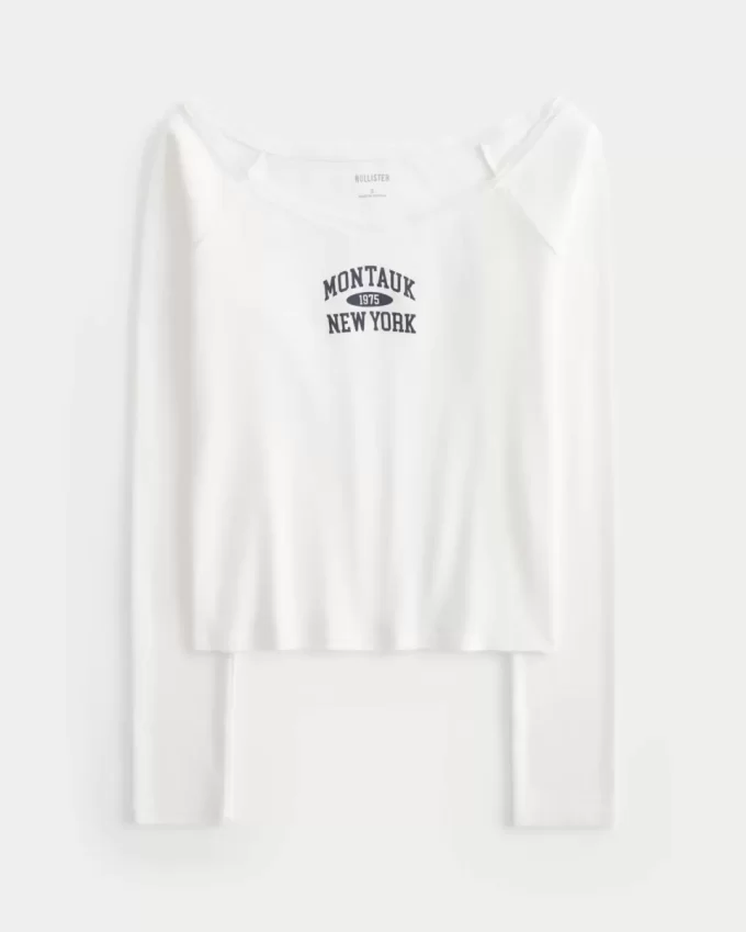 Lace Trim Off-the-Shoulder Montauk Graphic T-paita Lace Trim Off-the-Shoulder Montauk Graphic T-paita