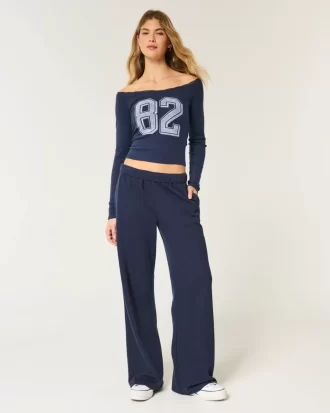 Lace Trim Off-the-Shoulder Number Graphic T-paita
