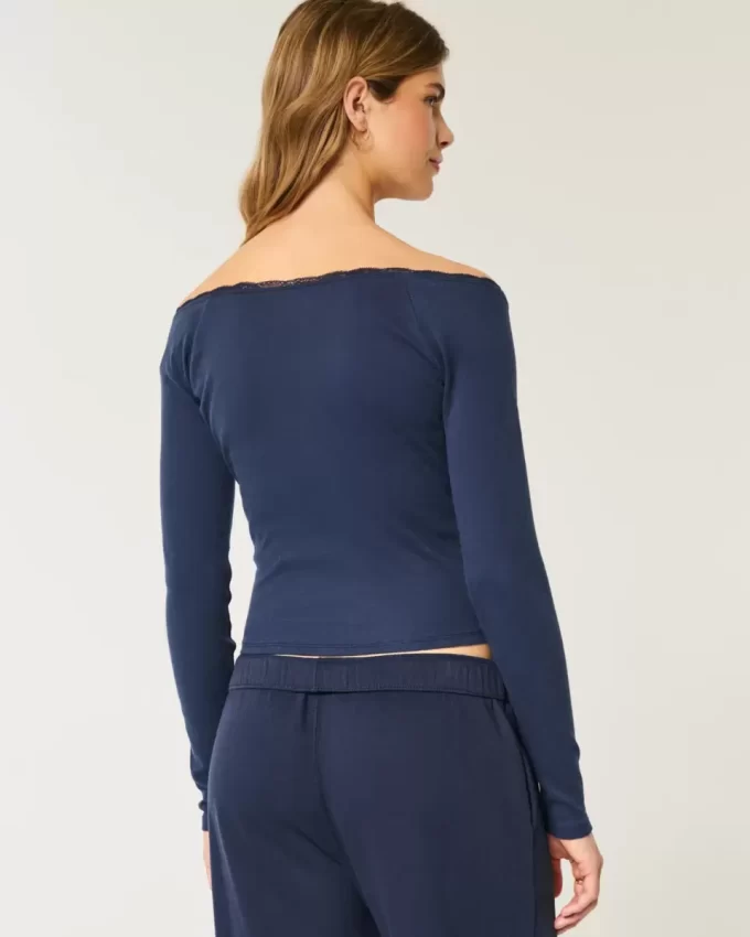 Lace Trim Off-the-Shoulder Number Graphic T-paita Lace Trim Off-the-Shoulder Number Graphic T-paita