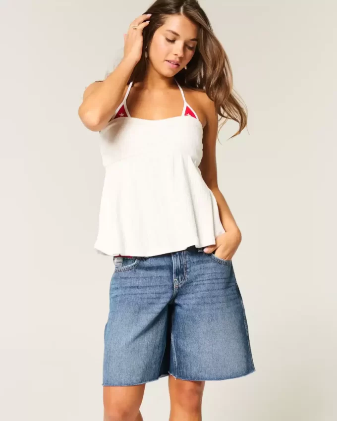 Low-Rise Dark Wash American Flag Graphic Baggy Jort Low-Rise Dark Wash American Flag Graphic Baggy Jort