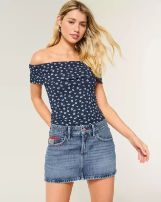 Matala, keskipesu lippu, brodeerattu denim miniskort