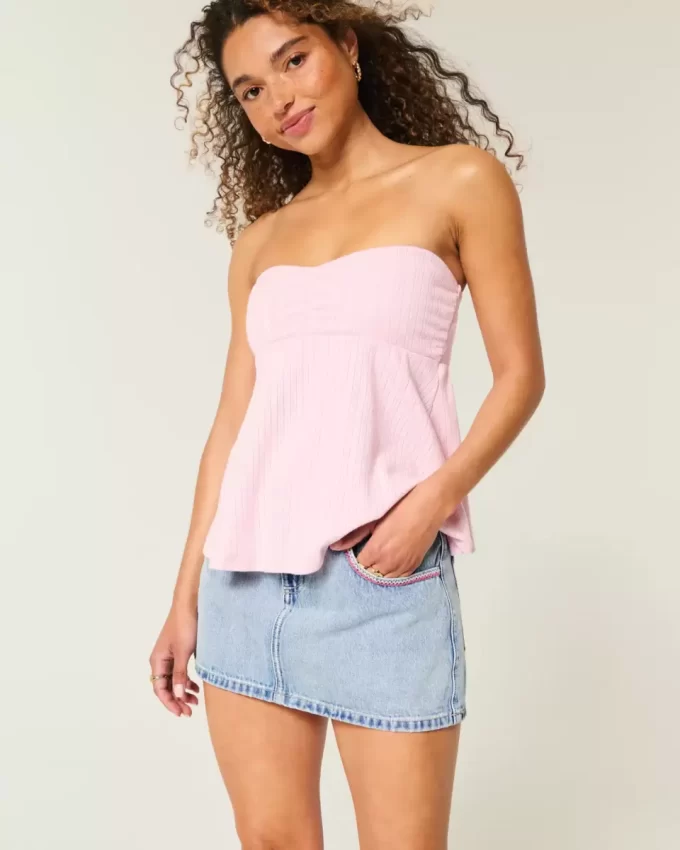 Matala vaaleanpunainen brodeerattu vaalea pesu Denim Mini Skort Matala vaaleanpunainen brodeerattu vaalea pesu Denim Mini Skort