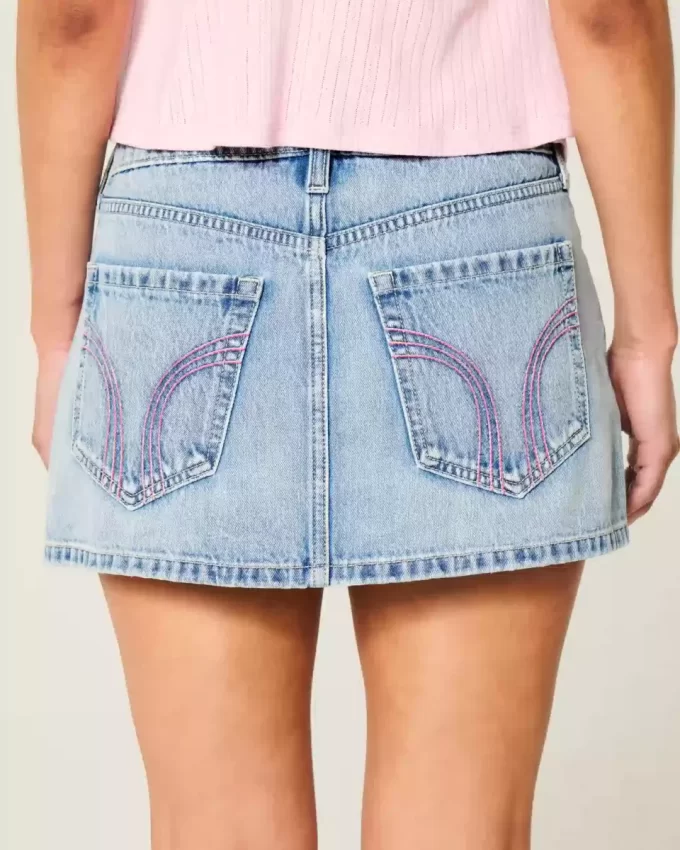 Matala vaaleanpunainen brodeerattu vaalea pesu Denim Mini Skort Matala vaaleanpunainen brodeerattu vaalea pesu Denim Mini Skort