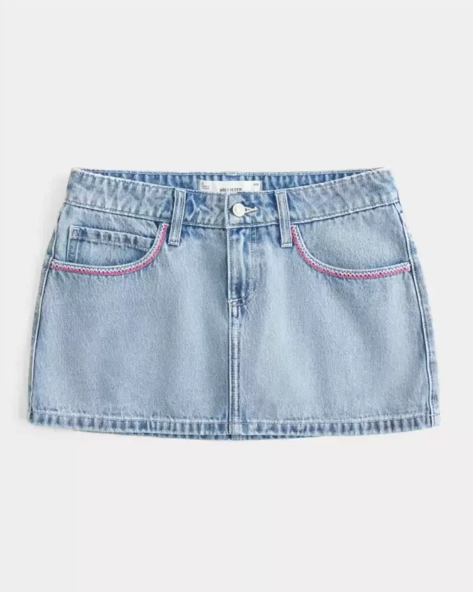 Matala vaaleanpunainen brodeerattu vaalea pesu Denim Mini Skort Matala vaaleanpunainen brodeerattu vaalea pesu Denim Mini Skort