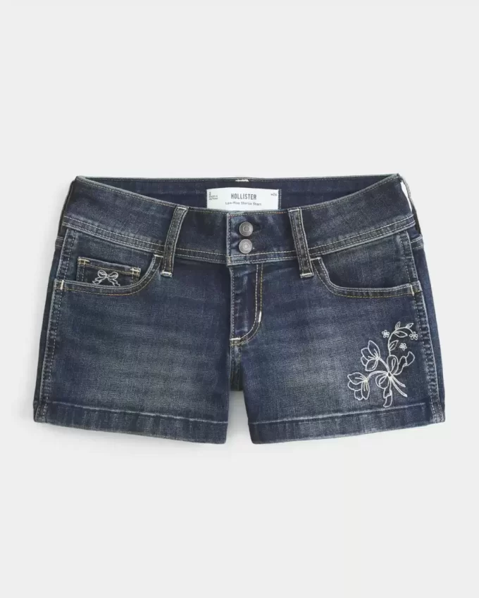 Matalat Dark Wash brodeeratut farkkushortsit Matalat Dark Wash brodeeratut farkkushortsit