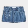 Medium Wash brodeerattu ketju Denim Mini Skort
