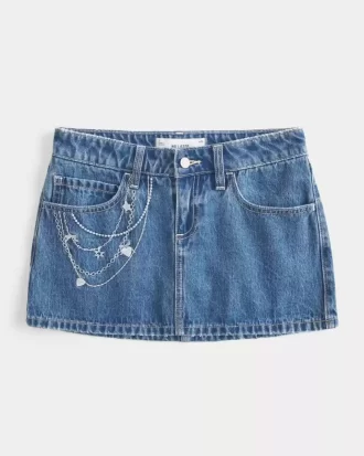 Medium Wash brodeerattu ketju Denim Mini Skort