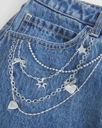 Medium Wash brodeerattu ketju Denim Mini Skort