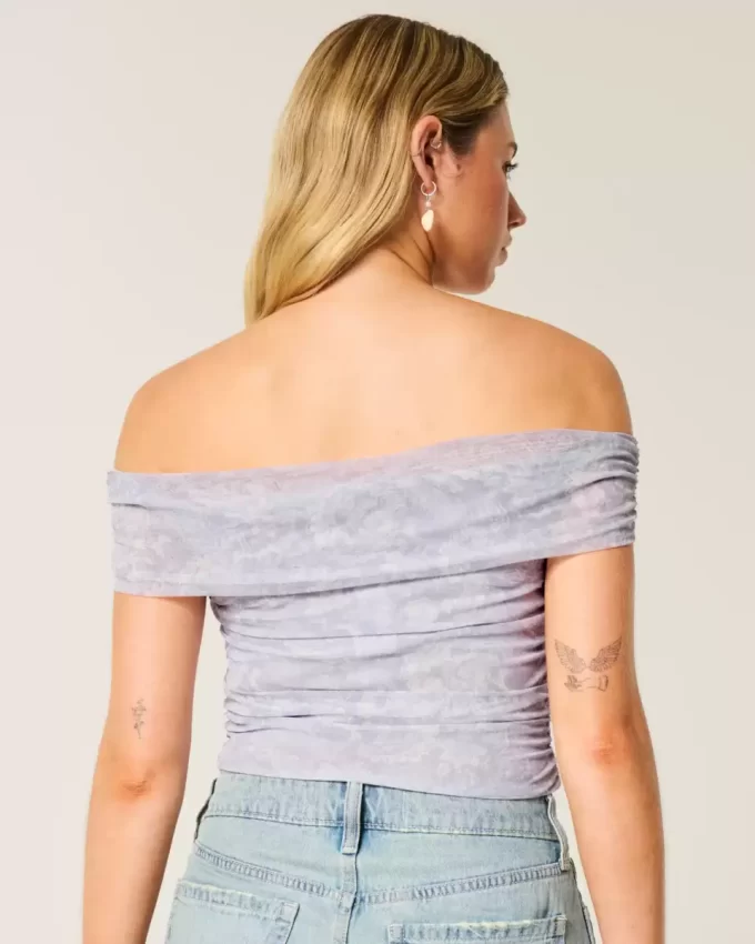 Mesh Foldover Off-the-Shoulder Top