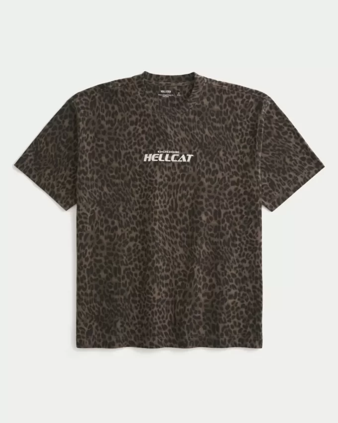 Raskaan laatikollinen Leopard Print Dodge Hellcat Graphic T-paita Raskaan laatikollinen Leopard Print Dodge Hellcat Graphic T-paita